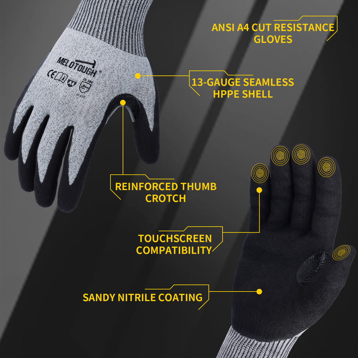 MELOTOUGH ANSI A4 Cut Resistant Work Gloves, Touchscreen Nitrile Sandy Coated Safety Gloves