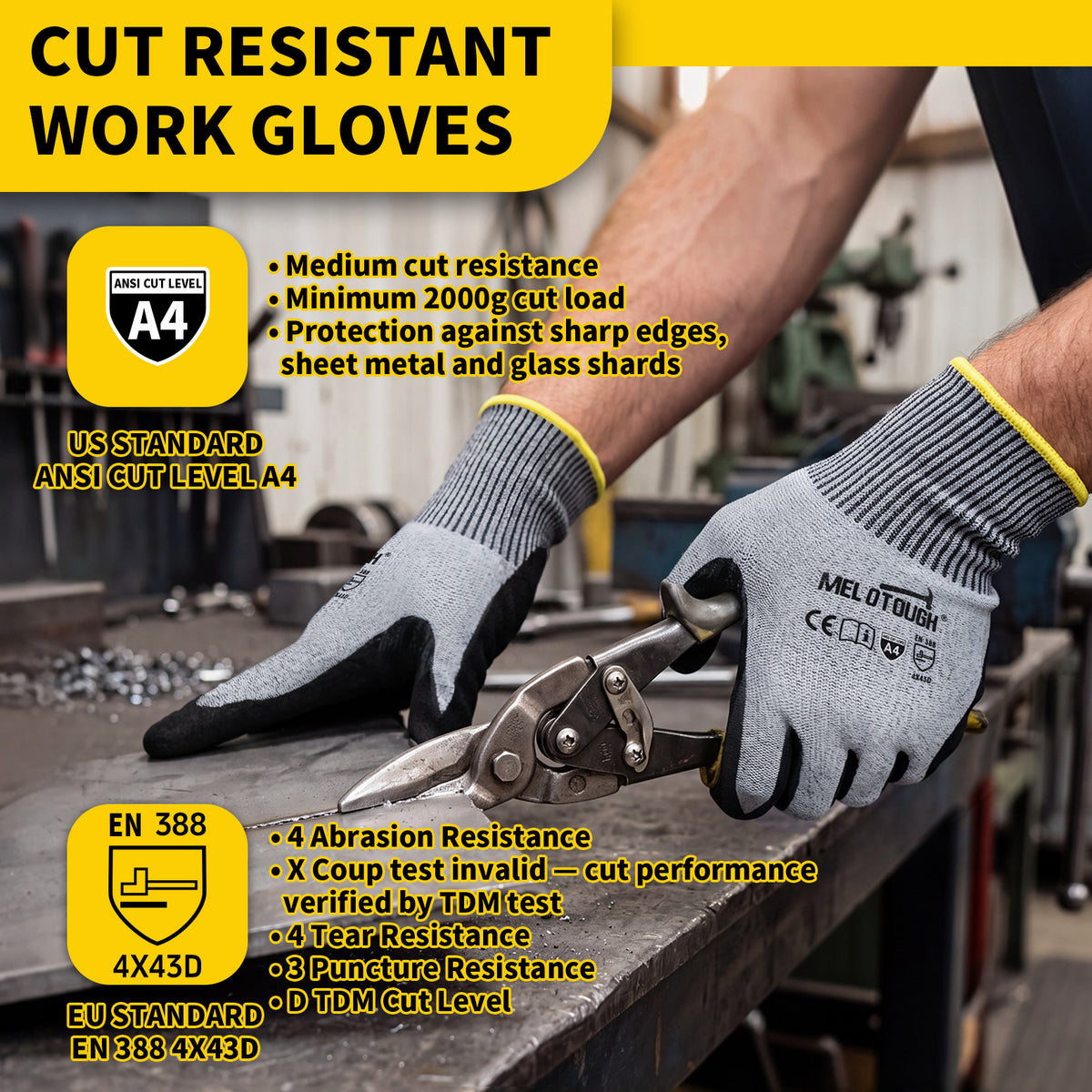 MELOTOUGH ANSI A4 Cut Resistant Work Gloves, Touchscreen Nitrile Sandy Coated Safety Gloves
