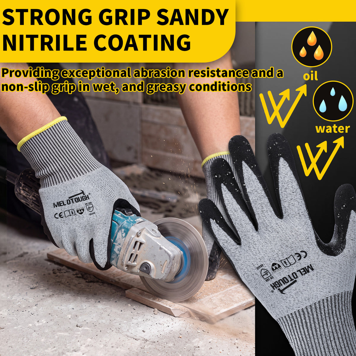 MELOTOUGH ANSI A4 Cut Resistant Work Gloves, Touchscreen Nitrile Sandy Coated Safety Gloves
