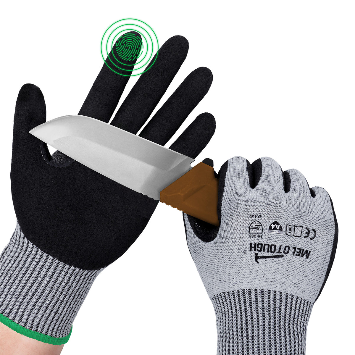 MELOTOUGH ANSI A4 Cut Resistant Work Gloves, Touchscreen Nitrile Sandy Coated Safety Gloves