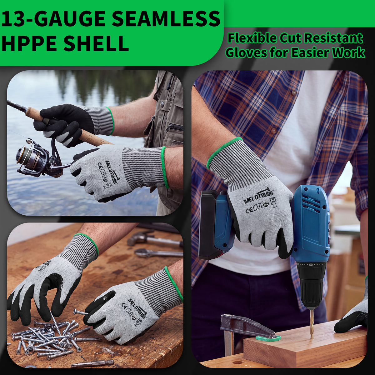 MELOTOUGH ANSI A4 Cut Resistant Work Gloves, Touchscreen Nitrile Sandy Coated Safety Gloves