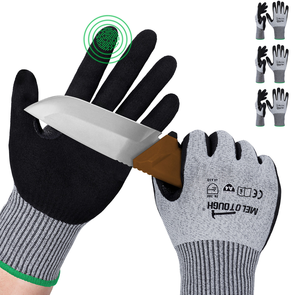 MELOTOUGH ANSI A4 Cut Resistant Work Gloves, Touchscreen Nitrile Sandy Coated Safety Gloves