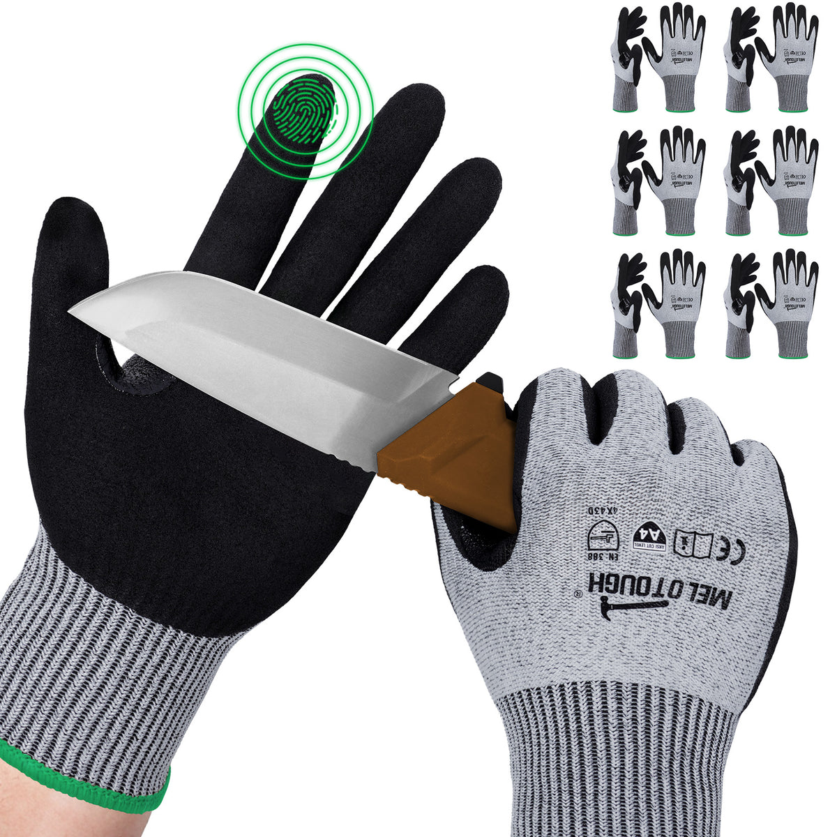 MELOTOUGH ANSI A4 Cut Resistant Work Gloves, Touchscreen Nitrile Sandy Coated Safety Gloves