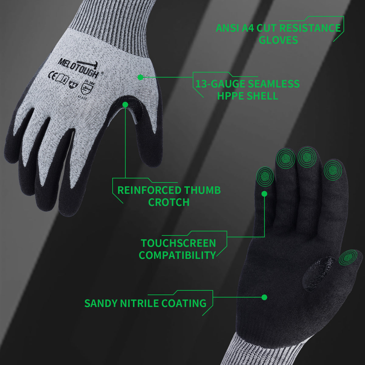 MELOTOUGH ANSI A4 Cut Resistant Work Gloves, Touchscreen Nitrile Sandy Coated Safety Gloves