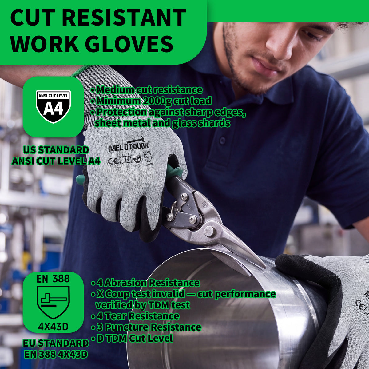 MELOTOUGH ANSI A4 Cut Resistant Work Gloves, Touchscreen Nitrile Sandy Coated Safety Gloves