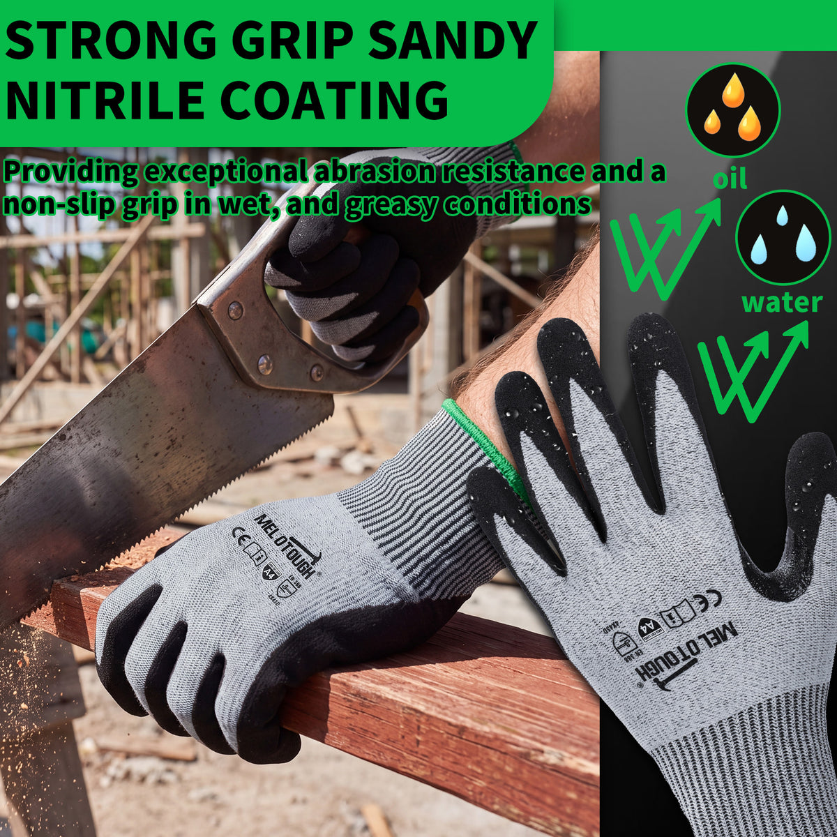 MELOTOUGH ANSI A4 Cut Resistant Work Gloves, Touchscreen Nitrile Sandy Coated Safety Gloves