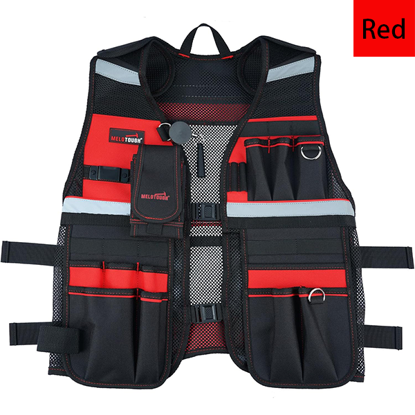 MELOTOUGH Tool Vest for Men Reflective Safety Tool Vest with Adjustable Straps,Removable Phone Holder for Electrical,Carpenters,Construction(Red)