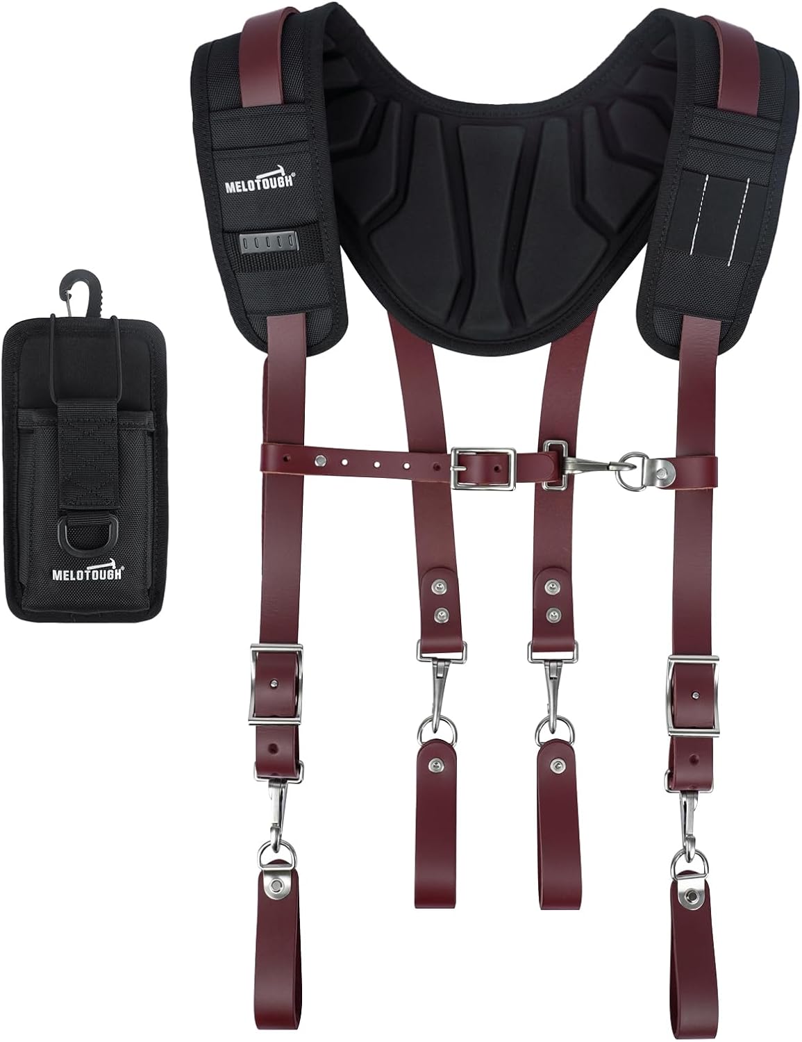 MELOTOUGH Oil Tanned Leather Padded Tool Belt Suspenders for Men,Carpenter Tool Bag Suspenders- Heavy Duty & Padded Support w/Adjustable Chest Strap,Electrical Worker,Red Brown