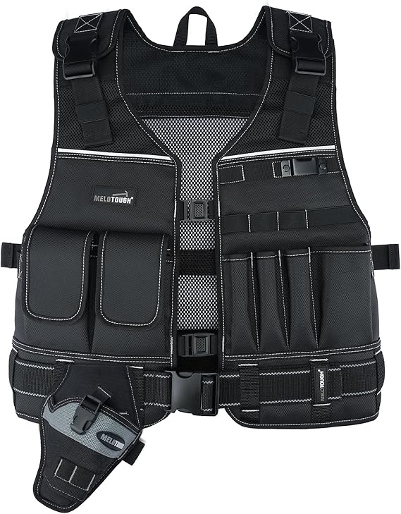 MELOTOUGH Tool Vest for Men with Pouches and Belt, Adjustable Multi-Pocket Safety Tool Vest for Electrician, Carpenter(Black)