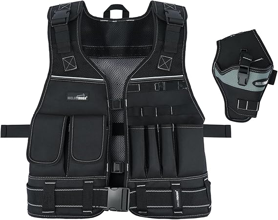MELOTOUGH Electrician Tool Vest with Drill Holster, Adjustable Utility Tool Vest with 2" Belt for Men Construction, Carpenter