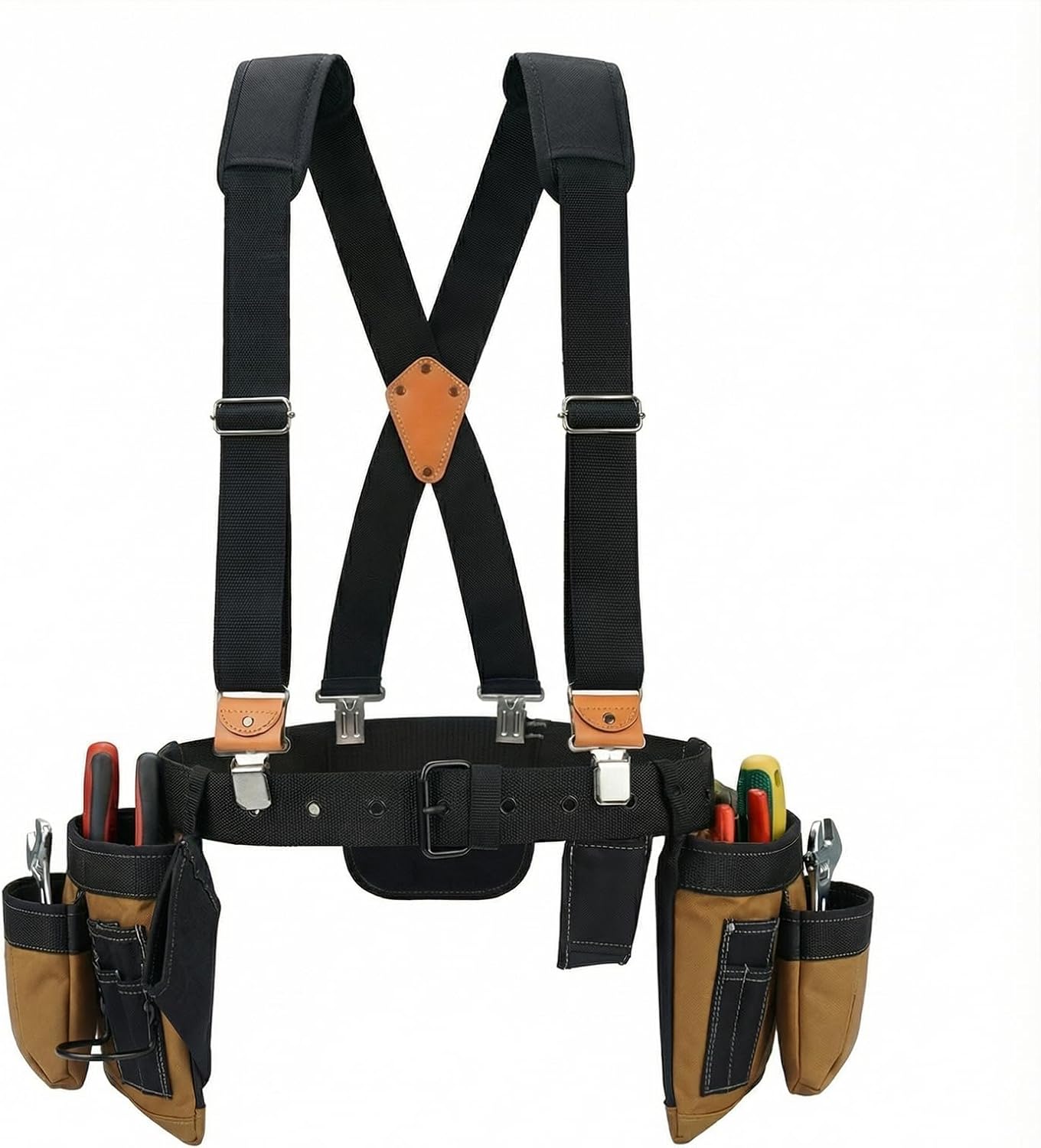 MELOTOUGH 14-Pockets Professional Tool Belt with Suspenders,Heavy Duty Tool Bag and Pouch Combo for Carpenters,Construction,Electricians(Black, 33''-49'')