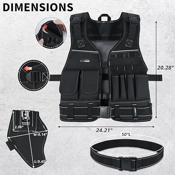 MELOTOUGH Electrician Tool Vest with Drill Holster, Adjustable Utility Tool Vest with 2" Belt for Men Construction, Carpenter