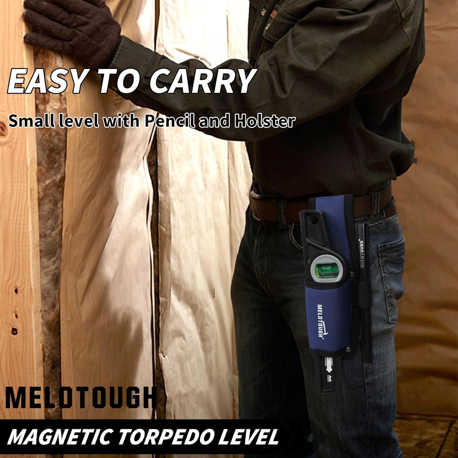 MELOTOUGH 10 Inch Die-Cast Magnetic Torpedo Level,Magnetic Level for Carpenter,Construction,Scaffolding, Plumbing,Torpedo Level with Rare Earth Magnet,Pencil and Holster,Black