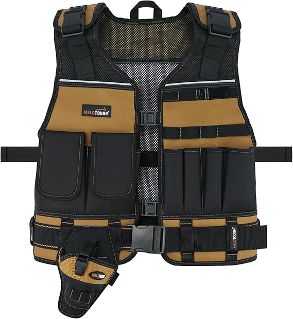 MELOTOUGH Electrician Tool Vest with Drill Holster, Adjustable Utility Tool Vest with 2" Belt for Men Construction, Carpenter