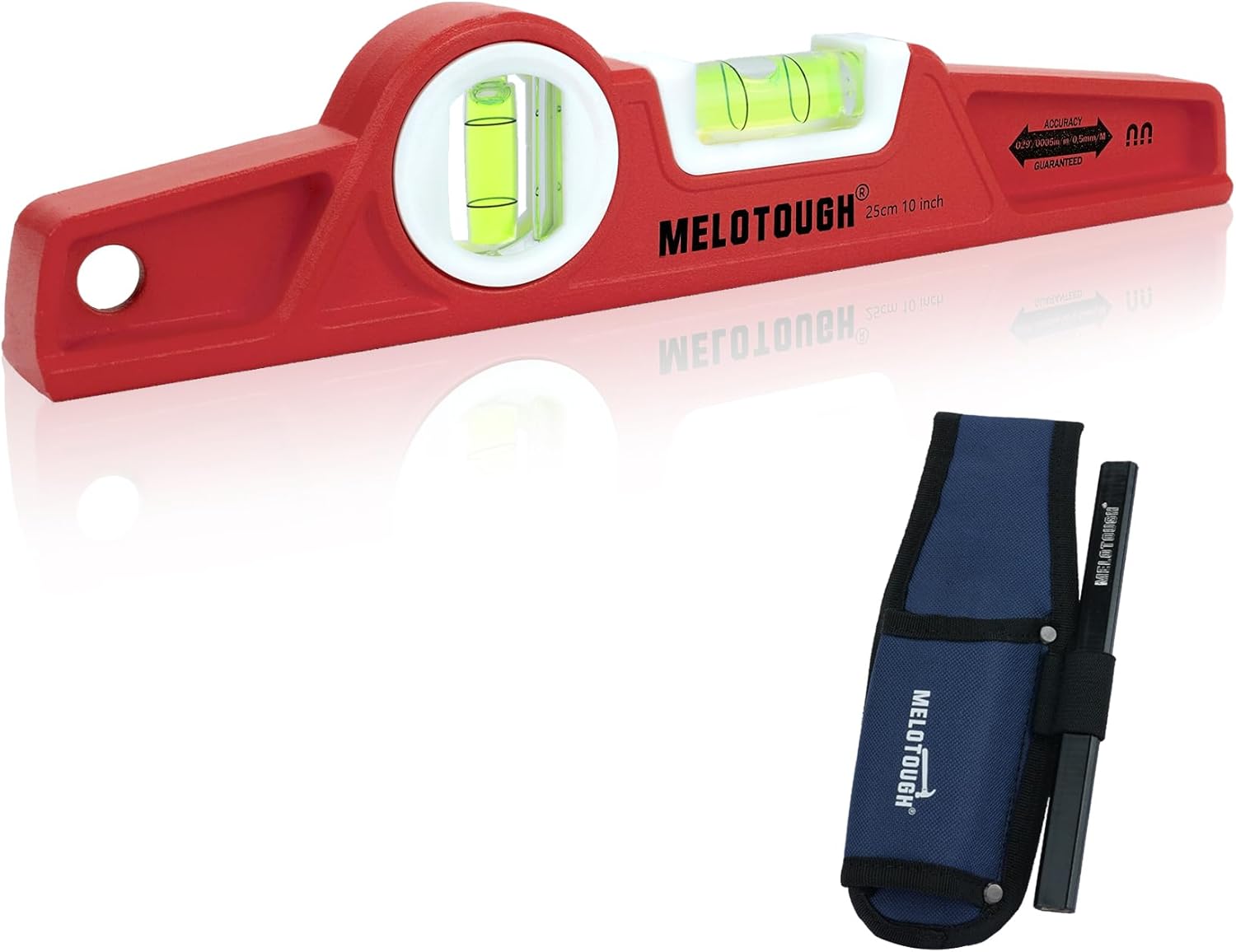 MELOTOUGH 10 Inch Die-Cast Magnetic Torpedo Level,Magnetic Level for Carpenter,Construction,Scaffolding, Plumbing,Torpedo Level with Rare Earth Magnet,Pencil and Holster,Red