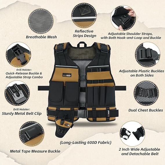MELOTOUGH Electrician Tool Vest with Drill Holster, Adjustable Utility Tool Vest with 2" Belt for Men Construction, Carpenter
