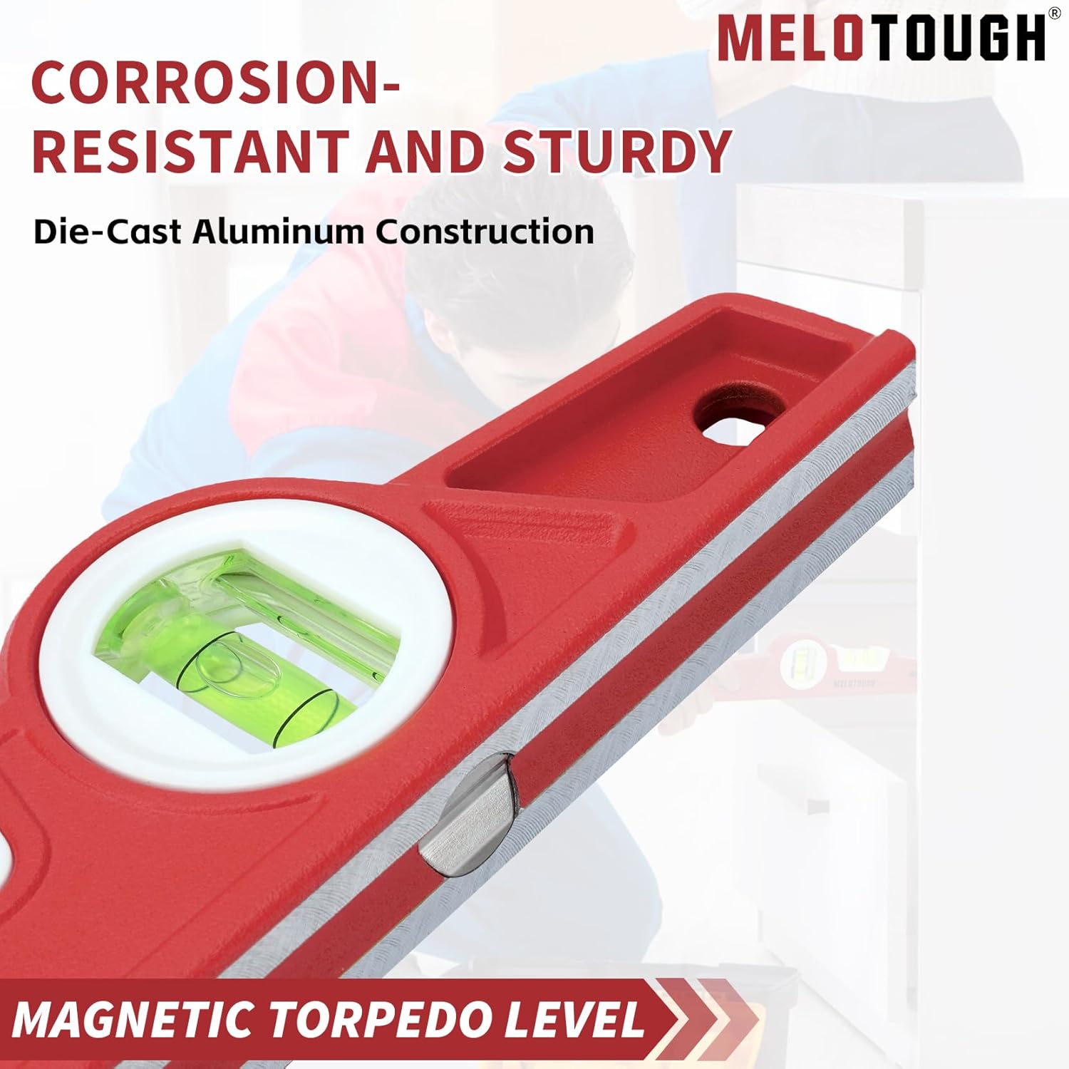 MELOTOUGH 10 Inch Die-Cast Magnetic Torpedo Level,Magnetic Level for Carpenter,Construction,Scaffolding, Plumbing Torpedo Level with Rare Earth Magnet,Pencil and Holster,Red,2PCS