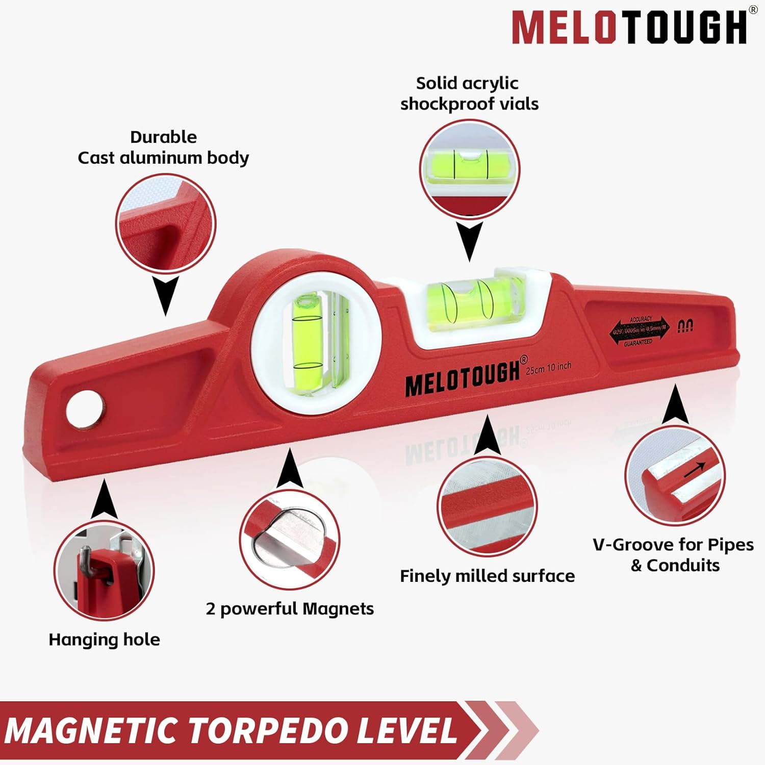 MELOTOUGH 10 Inch Die-Cast Magnetic Torpedo Level,Magnetic Level for Carpenter,Construction,Scaffolding, Plumbing,Torpedo Level with Rare Earth Magnet,Pencil and Holster,Red