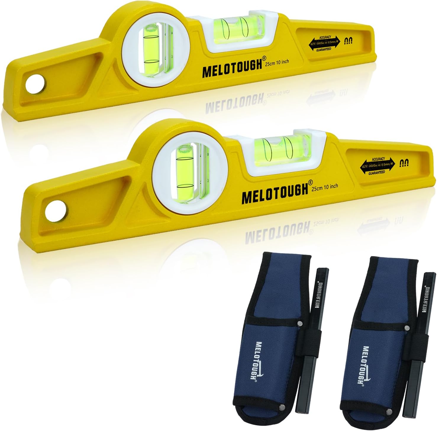 MELOTOUGH 10 Inch Die-Cast Aluminum Magnetic Torpedo Level,Small Magnetic Level for Construction,Carpentry,Scaffolding, Plumbing Torpedo Level with Rare Earth Magnet,Pencil and Holster,Yellow,2PCS