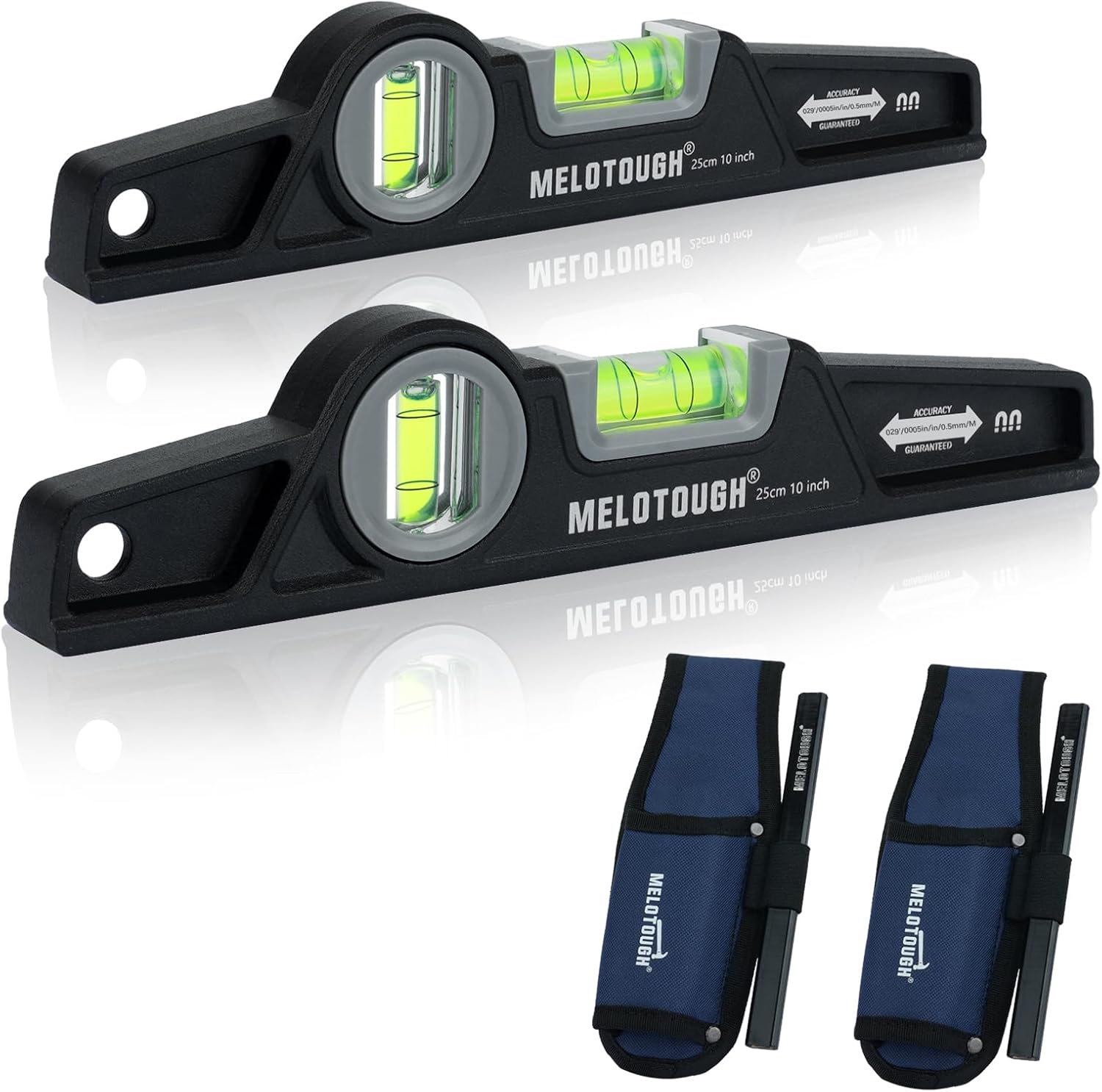 MELOTOUGH 10 Inch Die-Cast Magnetic Torpedo Level,Magnetic Level for Carpenter,Construction,Scaffolding, Plumbing Torpedo Level with Rare Earth Magnet,Pencil and Holster,Black,2PCS