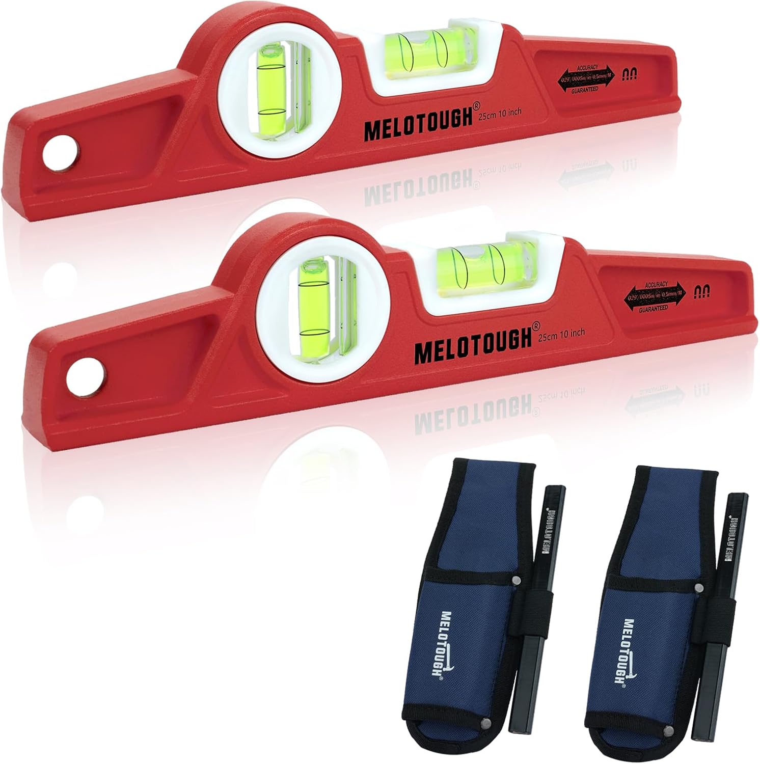 MELOTOUGH 10 Inch Die-Cast Magnetic Torpedo Level,Magnetic Level for Carpenter,Construction,Scaffolding, Plumbing Torpedo Level with Rare Earth Magnet,Pencil and Holster,Red,2PCS