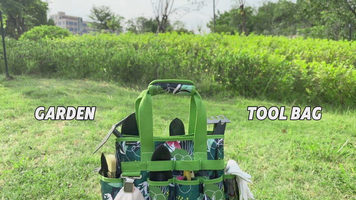 Load video: MELOTOUGH 12-Pocket Garden Tool Bag with Hard Bottom, Garden Tote